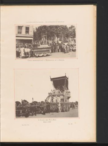 Two views of the Landjuweel parade celebrating the fiftieth anniversary of the Académie d'Archéologie de Belgique in 1892 in Antwerp