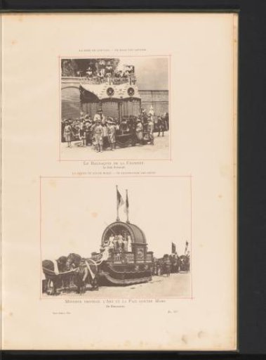 Two views of the Landjuweel parade celebrating the fiftieth anniversary of the Académie d'Archéologie de Belgique in 1892 in Antwerp