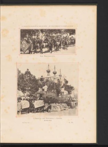 Two views of the Landjuweel parade celebrating the fiftieth anniversary of the Académie d'Archéologie de Belgique in 1892 in Antwerp