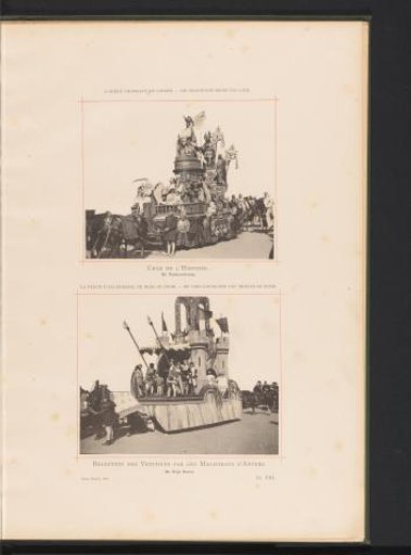 Two views of the Landjuweel parade celebrating the fiftieth anniversary of the Académie d'Archéologie de Belgique in 1892 in Antwerp