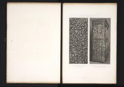 Piece of Venetian lace and a side view of a 16th-century French wooden cabinet, at the Exposition Rétrospective of 1877 in Lyon, France