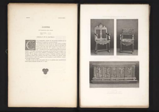 Two 16th-century French wooden chairs and a 16th-century Flemish wooden chest, exhibited at the Exposition Rétrospective in 1877 in Lyon, France