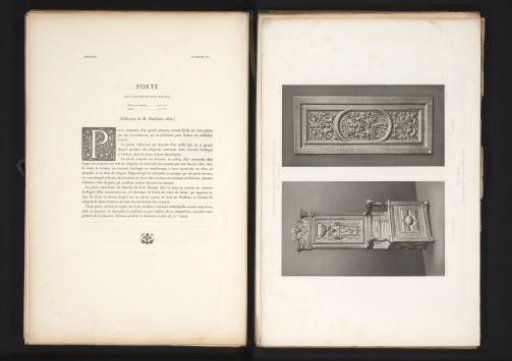 A 16th-century French wooden seat and a 16th-century wooden door, exhibited at the Exposition Rétrospective in 1877 in Lyon, France