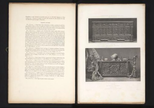 15th-century German wooden chest and a 17th-century French wooden chest, at the Exposition Rétrospective of 1877 in Lyon, France