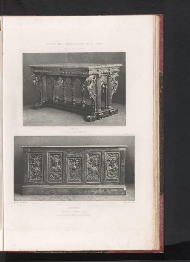 16th-century French wooden table and a 16th-century French wooden chest, at the Exposition Rétrospective of 1877 in Lyon, France