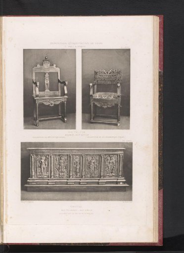 Two 16th-century French wooden chairs and a 16th-century Flemish wooden chest, at the Exposition Rétrospective of 1877 in Lyon, France