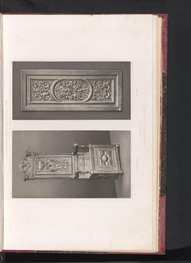 16th-century wooden seat and a 16th-century wooden door, exhibited at the Exposition Rétrospective of 1877 in Lyon, France