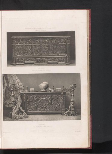15th-century German wooden chest and a 17th-century French wooden chest, at the Exposition Rétrospective of 1877 in Lyon, France