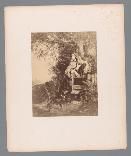 Photographic reproduction of a painting of a woman at a gate and a dog by William Powell Frith
