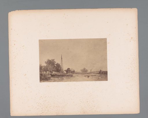 Photographic reproduction of a painting of a landscape with a sailing boat by Müller