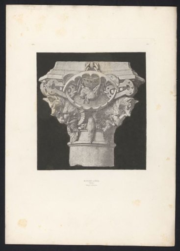 Photographic reproduction of a drawing, depicting a capital with animal ornaments for the Salle du Manège in the Palais du Louvre in Paris