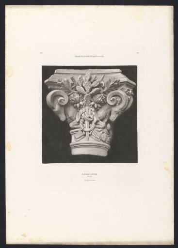 Photographic reproduction of a drawing depicting a capital with animal ornaments for the Salle du Manège in the Palais du Louvre in Paris