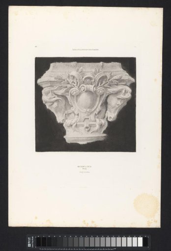 Photographic reproduction of a drawing, depicting a drawing of a capital with horse heads for the Salle du Manège in the Palais du Louvre in Paris