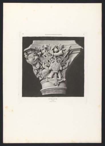 Photographic reproduction of a drawing depicting a capital with animal ornaments for the Salle du Manège in the Palais du Louvre in Paris