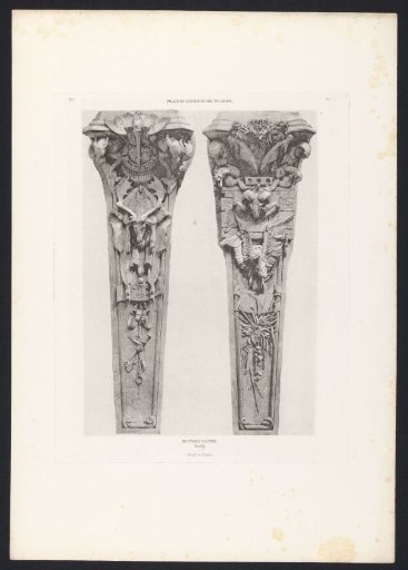 Photographic reproduction of a drawing depicting two pilasters with animal ornaments for the Salle du Manège in the Palais du Louvre in Paris
