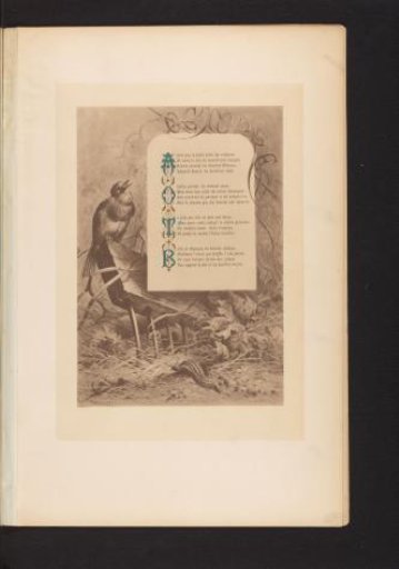 Reproduction of a print of a bird on a rake and a snail, with the poem Octobre by François Coppée, by Hector Giacomelli