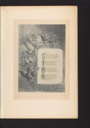 Reproduction of a print of birds in a rainstorm, with the poem Novembre by François Coppée, by Hector Giacomelli