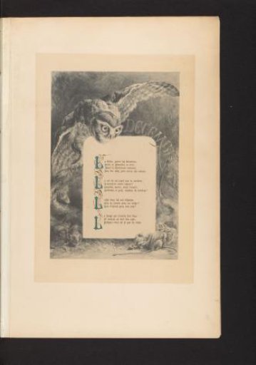 Reproduction of a print of an owl and rats, with the poem Décembre by François Coppée, by Hector Giacomelli