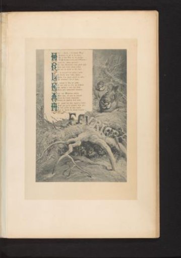 Reproduction of a print of two birds on a snow-covered branch, with the poem Février by François Coppée, by Hector Giacomelli