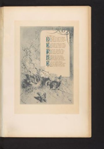 Reproduction of a print of birds watching their young fly from the nest, with the poem Juin by François Coppée, by Hector Giacomelli