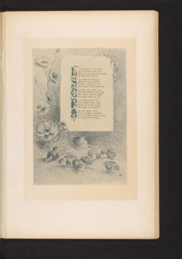 Reproduction of a print of a bird on a nest with young and flowers around it, with the poem Juillet by François Coppée, by Hector Giacomelli