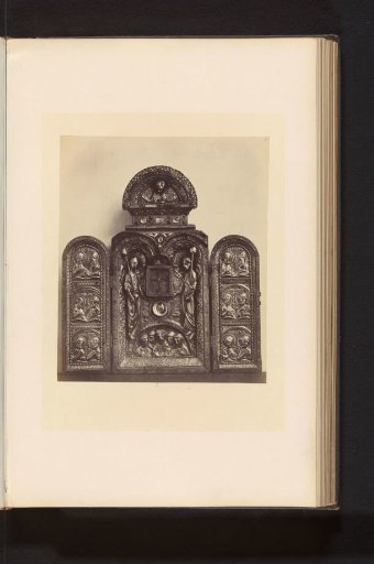 Triptych of wood, copper, and enamel with relic, from the Holy Cross Church in Liège, displayed at an exhibition of religious objects from the Middle Ages and Renaissance in 1864 in Mechelen