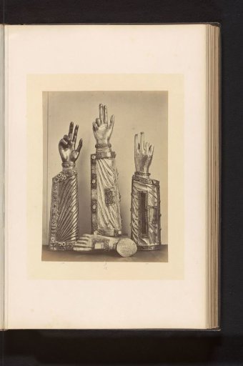 Three reliquaries in the form of a hand and a reliquary in the form of a foot, displayed at an exhibition of religious objects from the Middle Ages and Renaissance in 1864 in Mechelen