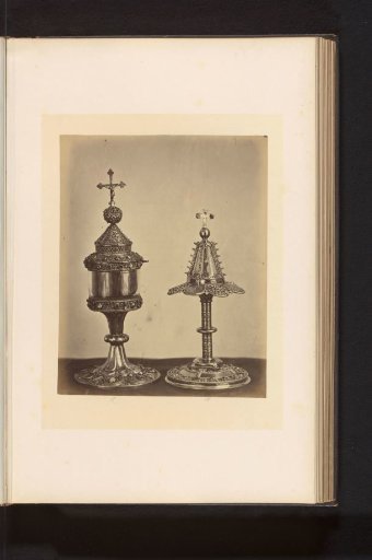 Two metal monstrances, displayed at an exhibition of religious objects from the Middle Ages and Renaissance in 1864 in Mechelen