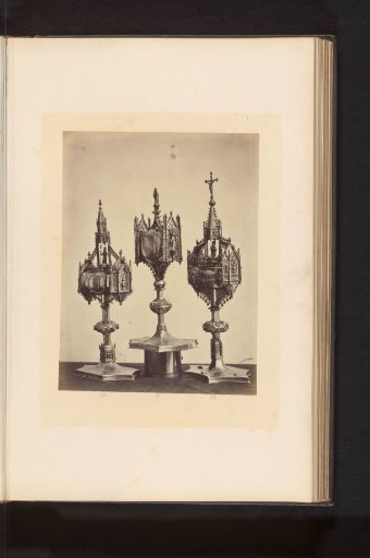 Three silver monstrances, displayed at an exhibition of religious objects from the Middle Ages and Renaissance in 1864 in Mechelen