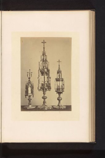 Three metal monstrances, displayed at an exhibition of religious objects from the Middle Ages and Renaissance in 1864 in Mechelen