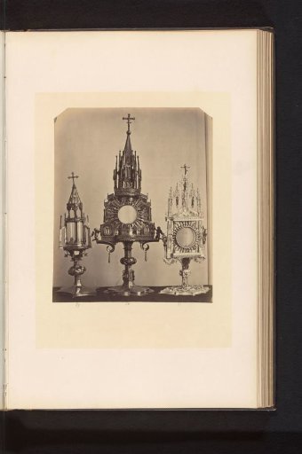 Three gilded monstrances, displayed at an exhibition of religious objects from the Middle Ages and Renaissance in 1864 in Mechelen
