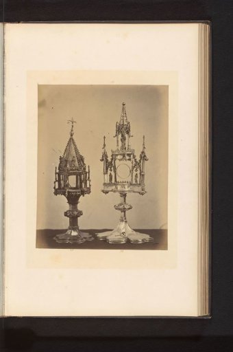 Two gilded monstrances, displayed at an exhibition of religious objects from the Middle Ages and Renaissance in 1864 in Mechelen