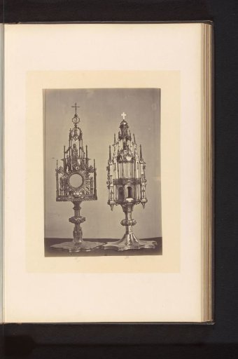 Two gilded monstrances, displayed at an exhibition of religious objects from the Middle Ages and Renaissance in 1864 in Mechelen