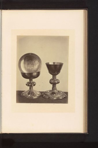 Two chalices and a paten, displayed at an exhibition of medieval and Renaissance religious objects in Mechelen in 1864
