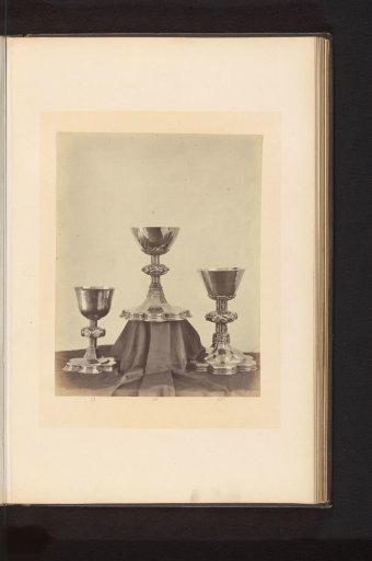 Three gilded chalices, displayed at an exhibition of medieval and Renaissance religious objects in Mechelen in 1864