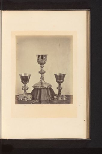 Three gilded chalices, displayed at an exhibition of medieval and Renaissance religious objects in Mechelen in 1864