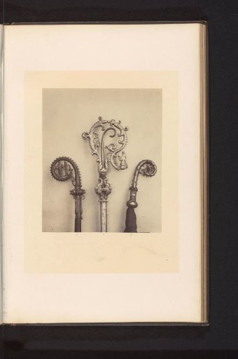 Three decorated bishop's croziers, displayed at an exhibition of medieval and Renaissance religious objects in Mechelen in 1864