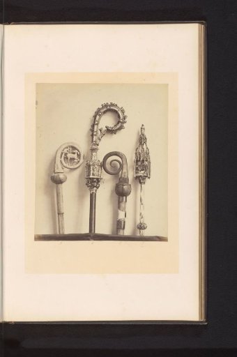 Four decorated bishop's croziers, displayed at an exhibition of medieval and Renaissance religious objects in Mechelen in 1864