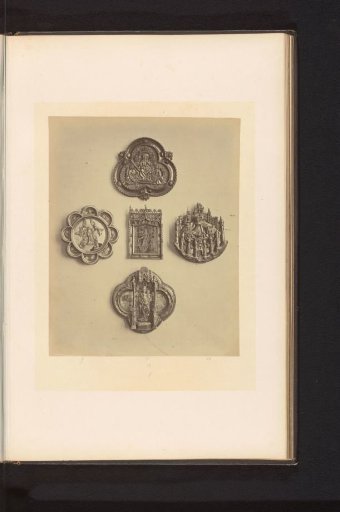 Five wooden reliefs with biblical scenes, displayed at an exhibition of medieval and Renaissance religious objects in Mechelen in 1864