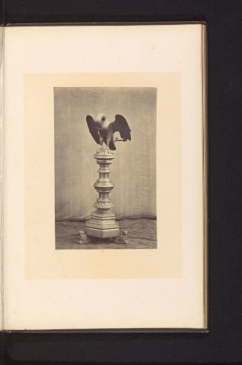 Three metal candelabra, displayed at an exhibition of medieval and Renaissance religious objects in Mechelen in 1864