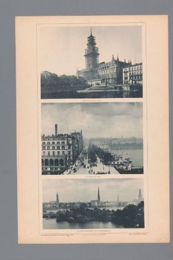Three Views of Hamburg, Depicting the New Town Hall, the Jungfernstieg, and the Lombardsbrücke and Alsterdamm