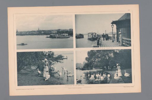 Four Views of Waterways Around Hamburg, Depicting a City View from the Water, a Pier, and a Woman and Child Feeding Swans