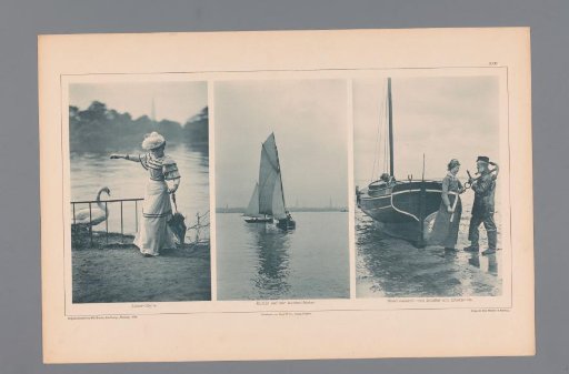 Three Images of a Woman Feeding a Swan, a Sailboat, a Boatman, and a Woman on the Bank of the Elbe with a Sailboat