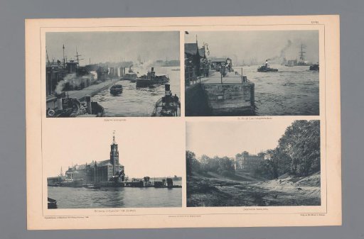Four Views of Waterways Around Hamburg, Depicting the Kehrwiederspitze, St. Pauli Landings Bridge, the Kaiserquai Warehouse, and a Building of the German Coast Guard