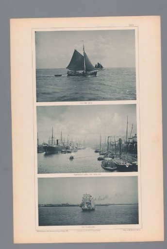 Three Images of a Sailing Ship on the Elbe, a View of the Port of Hamburg, and a Sailing Ship at Cuxhaven
