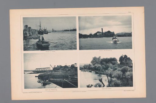 Three Images of a Fisherman in the Port of Hamburg, a View of a Factory Building, a View of a Shipyard at Reiherstieg, and a Dyke at Neuhof