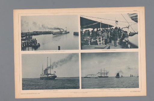 Four Images of a Steamship Leaving the Port, Passengers on a Promenade Deck, the Steamship Colombia, and Ships on the Open Sea