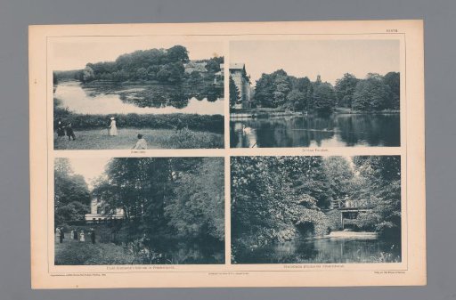 Four images: a view of Aumühle, a view of Schloss Reinbek, Bismarck's residence in Friedrichsruh, and a stream in Friedrichsruh