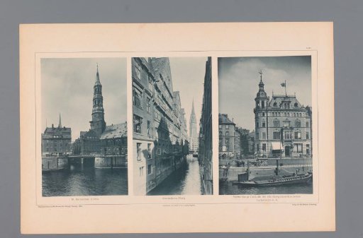 Three Views of Hamburg, Depicting St. Catherine's Church, Steckelhörn-Fleth, and a Building of the Hamburg-American Packet Line