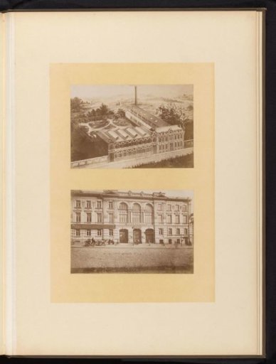 Photographic reproduction of a view of a corset factory and a façade of a corset factory